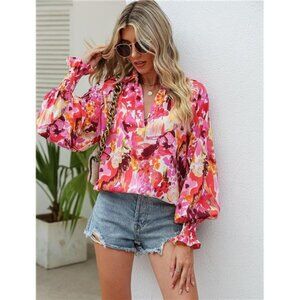 Pink Boho Floral Print V Neck Long Lantern Sleeve Flowy Loose Top Blouse Shirt‎